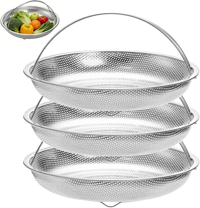 3 Pack Steamer Basket for Cooking, Micro-Perforated Strainer Colander Set, Stainless Steel Vegetable Veggie Steamer Rack for Pot, All-In-One Steaming Rack Stand with Handles, Dishwasher Safe