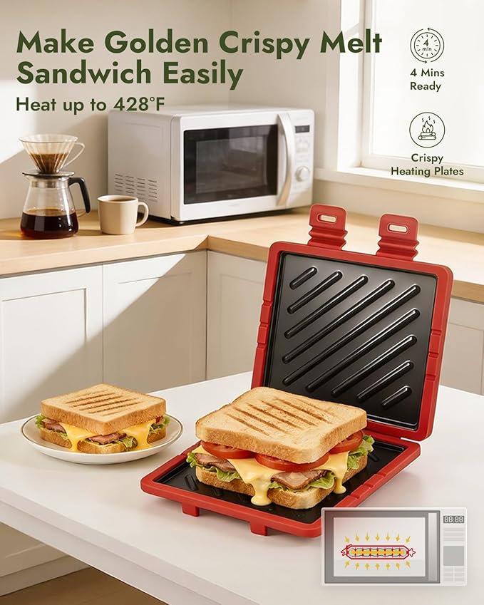 Metal-Enhanced Microwave Sandwich Press - Quick 4-Minute Panini, Grilled Cheese Maker, Detachable for Easy Cleaning, Includes Brush