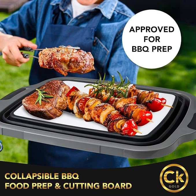 New XL Collapsible BBQ Prep Tub wtih LOCKING Lid, Cutting Board & Drain Hole | BPA-Free, Food-Grade, Recyclable, Space-Saving Caddy for Grilling, Camping, Kitchen & Outdoor Cooking (Black, 30 Liters)