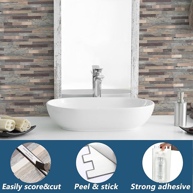Yipscazo 20 Sheets Peel and Stick Stone Metal Backsplash Tiles, PVC Wall Tiles Stick on Backsplash for Kitchen, Bathroom (6'' X 12'', Rustic Wood)