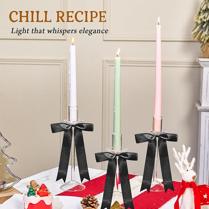 CHILL RECIPE Bow Candle Holder Glass Taper Candlestick Holders with Built-in Candle Drip Protectors Bows Decor for Table Centerpiece Wedding Party Halloween(Black)
