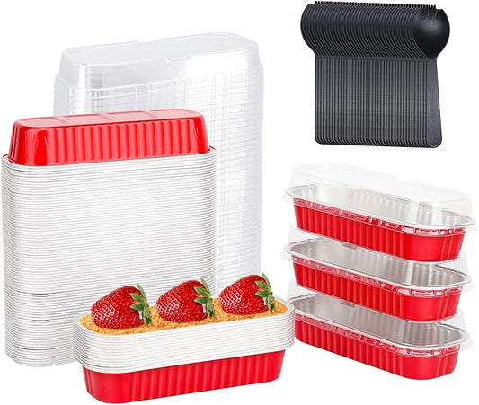 Disposable Mini Cake Pans with Lids 100 Pack,LNYZQUS 6.8oz Rectangle Mini Loaf Pan Baking Cups Muffin Tin,Aluminum Foil Cupcake Baking Tins Containers for Christmas New Year-Red