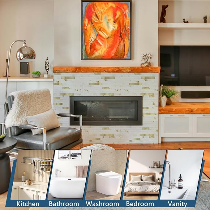 Yipscazo 40 Sheets Peel and Stick Stone Metal Backsplash, PVC Wall Tiles Stick on Tiles for Backsplash Kitchen, Bathroom, Fireplace (6'' X 12'', Calar Golden)
