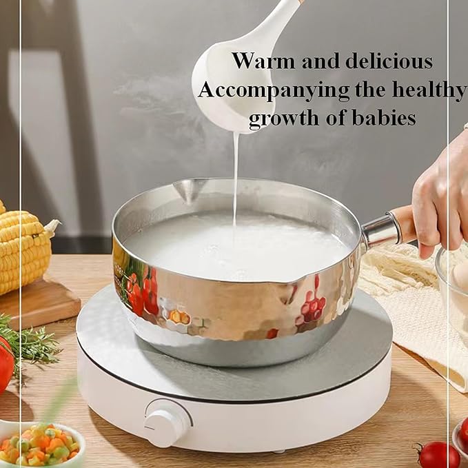 Scizorito 2.2 Quart Silver Stainless Steel Sauce Pot with Inverted Mouth, Solid Wood Handle, Hook, Lid, Suitable for Induction, Gas, Electric Stoves