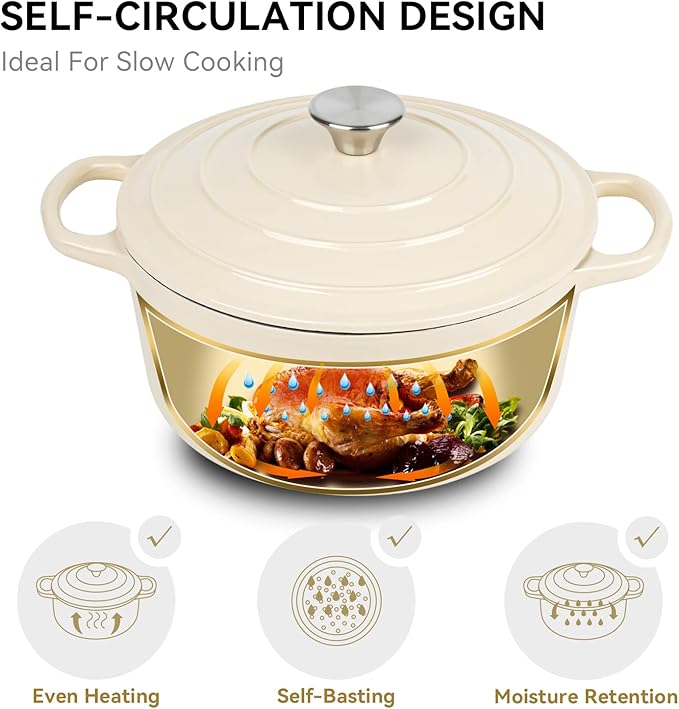 Miereirl 6 Quart Enameled Dutch Oven Pot with Lid, Cast Iron Dutch Oven with Dual Handles for Bread Baking, Cooking, Non-stick Enamel Coated Cookware (Beige)