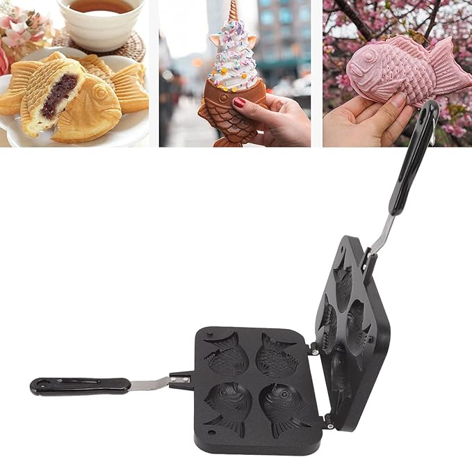 Mumusuki Stovetop Taiyaki Maker, Double Sided Non Stick Fish Shaped Pan for Japanese Desserts, Aluminum Alloy Bakeware with Anti Scald Handle (Gas Compatible)