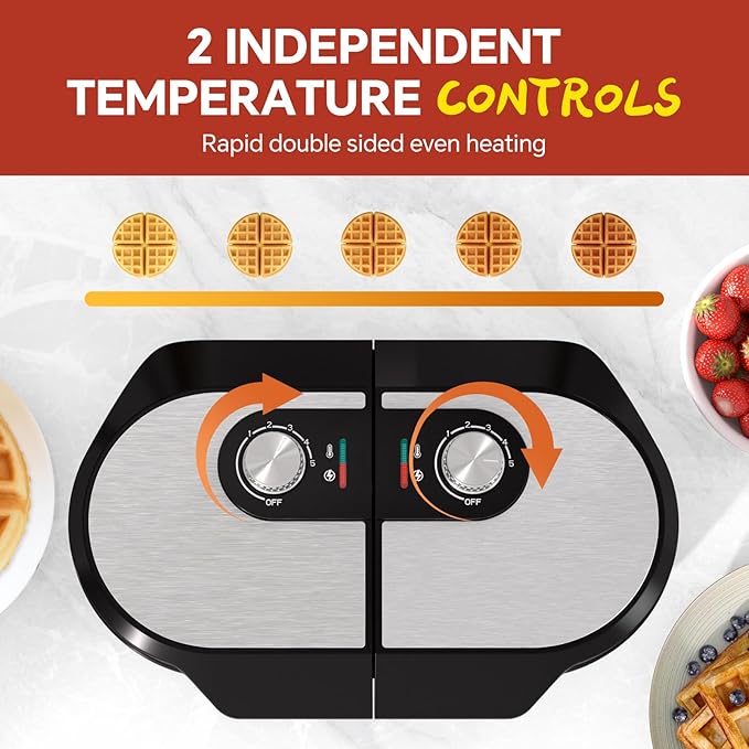 Double Waffle Maker, Belgian Waffle Maker, 6.5 Inch Waffle Iron with 2 Independent Adjustable Temp Knobs & Indicator Lights, Easy-Clean Nonstick Plates, Stainless Steel, Black