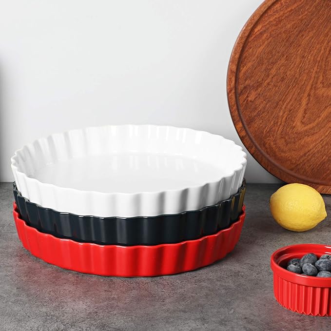 ONTUBE Pie Pans- 11 Inches Ceramic Quiche Pans, Round Pie Tins for Baking,Oven Saf (White,1 Pieces)
