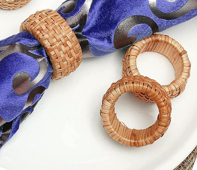 ALPHA Living HOME Natural Rattan Napkin Rings Set of 12 - Handcrafted Cane Serviette Holders for Table Decor, Weddings, Parties, Dinners, Rustic Boho Style Napkin Rings Set (Brown)
