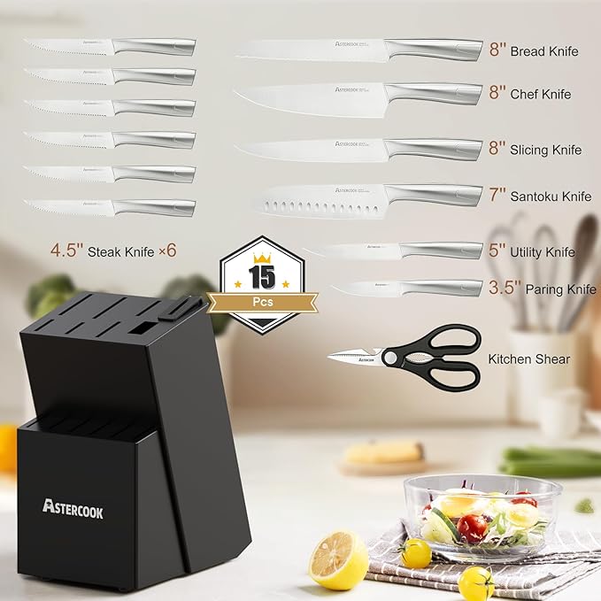 Astercook Knife Set Kitchen with Block and Sharpener Full Tang 15 Pcs Premium Stainless Steel Knives Dishwasher Safe Utensils Set with Ultra Sharp Blade and Anti-slip Ergonomic Handle, Elegant Black