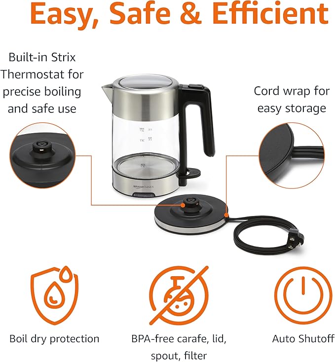 Amazon Basics Electric Kettle with Glass Carafe for Tea and Coffee, BPA-Free, Fast Boiling, Auto Shut-Off, 1.7 Liter, 1500W, Black and Silver