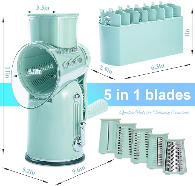 Manual Rotary Cheese Grater with Handle, 5 in 1 Replaceable Stainless Blades Cheese Shredder,Strong Suction Base Vegetable Slicer with Cleaning Brush & Bonus Storage Box for Blades (green)