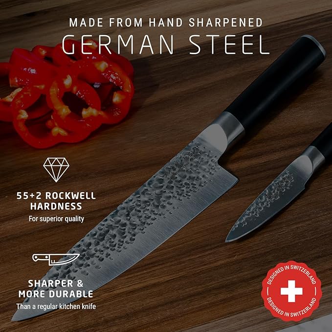 Swiss Diamond Chef & Paring Knife, German Steel With ABS Handle, Half Tang Handle, Hammered Blade Chef Knives Professional Grade, 55+2 Rockwell Hardness, 8 & 4.5 Inch