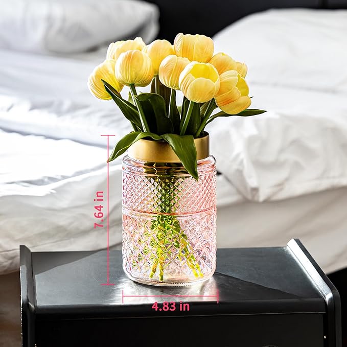 2-Pack Flower Vase Glass, 7.6 '' Pink Fluted Vase with Golden Metal Top, Valentine's Day Stylish Decorative Vases for Tabletop Centerpiece, Kitchen, Living Room, Bedroom, Bathroom