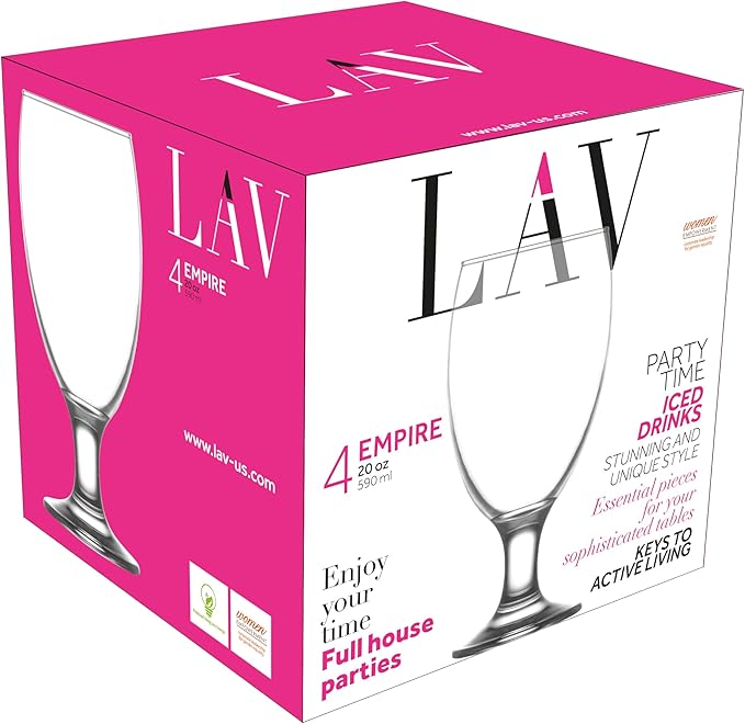 LAV Clear All Purpose Stemmed Drinking Glasses - Lead-Free Iced Tea Goblets, Sangria, Beer, Water -Dishwasher Safe Glassware Set for Restaurant, Bar, Home, Parties 20.80 oz (590 ml) Set of 4