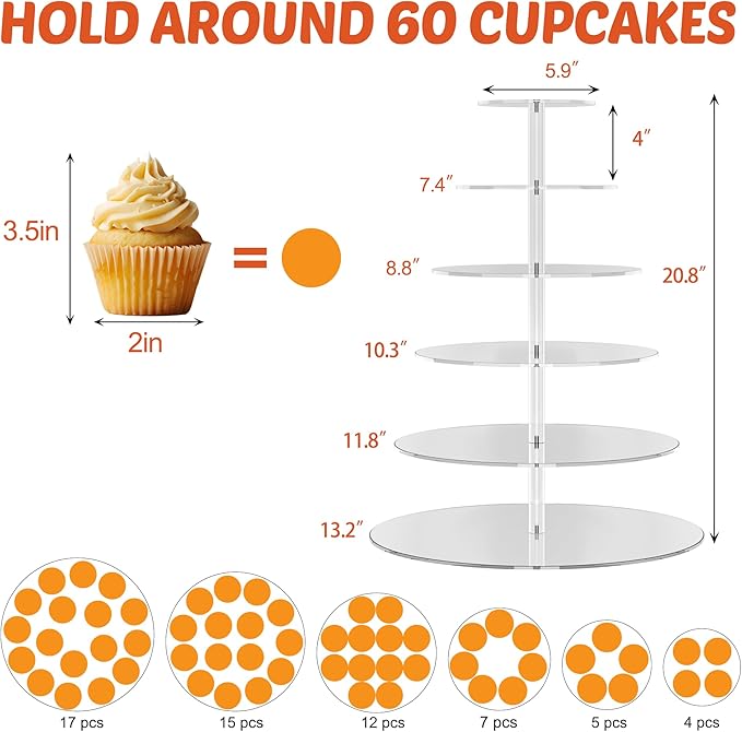 6 Tier Large Acrylic Round Cupcake Stand, Clear Wedding Cupcake Tower Stand, Cupcake Tier Stands for Dessert Table, Tiered Cupcake Holder Stand, Cupcake Display Stand for Birthday Party