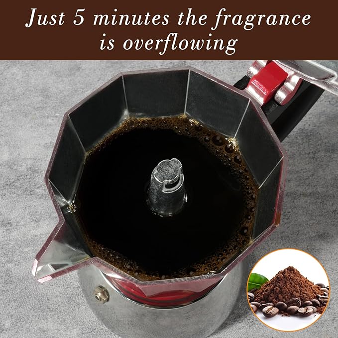 LAOION Stovetop Espresso Maker, 6Cup Moka Pot, Espresso Machine Compatible with Induction Cooktops, 300ml Stainless Steel & Aluminum Cuban Coffee Maker for Cafetera Cubana, Red