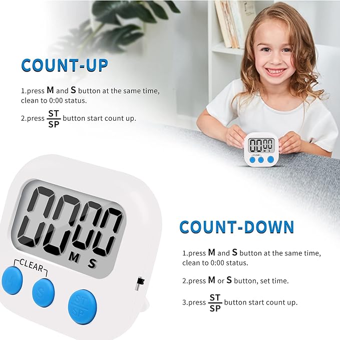 6 Pack Small Digital Kitchen Timer Magnetic Back and ON/Off Switch,Minute Second Count Up Countdown, White