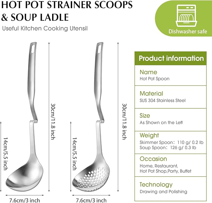 Patelai Hot Pot Slotted Ladle Set Stainless Steel Soup Ladle Strainer Scoops Cooking Skimmer Cookware Utensil for Hotpot Scooping Sauce Serving, 12 Inch(8 Pcs,Silver)