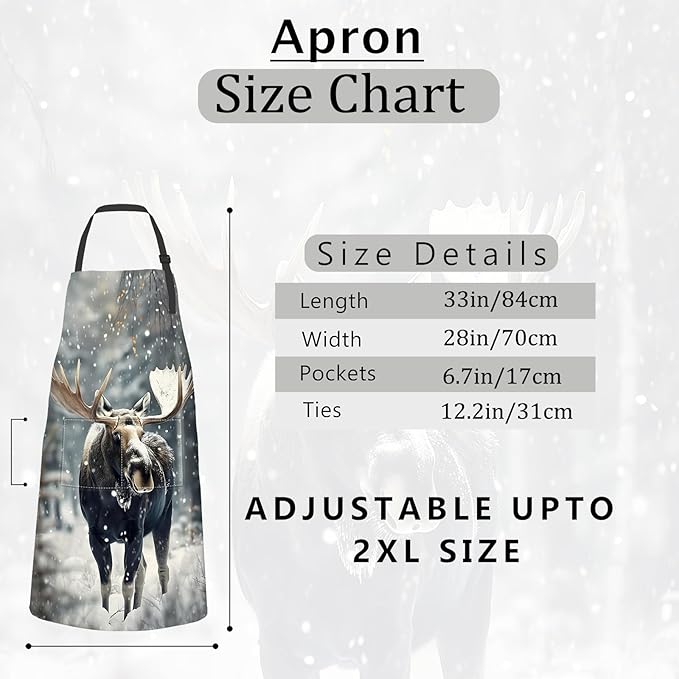 Winter Moose Apron Snowy Forest Realistic Animal Aprons Waterproof Oxford Polyester Adjustable Pockets Design for Cooking, Crafting, Garden Decor, for Adults, 28x33 Inch