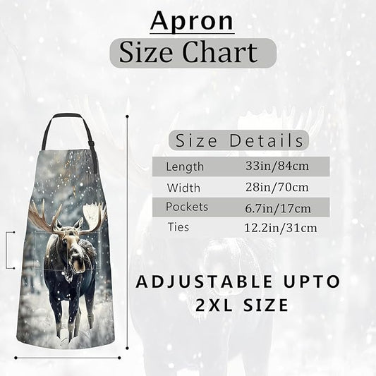 Winter Moose Apron Snowy Forest Realistic Animal Aprons Waterproof Oxford Polyester Adjustable Pockets Design for Cooking, Crafting, Garden Decor, for Adults, 28x33 Inch