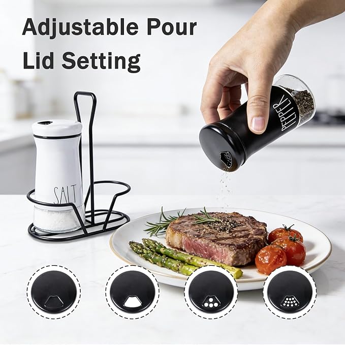 Aelga Farmhouse Salt & Pepper Shakers with Holder & Adjustable Pour Holes, Refillable Salt Shaker for Himalayan, Kosher, Black and White Pepper