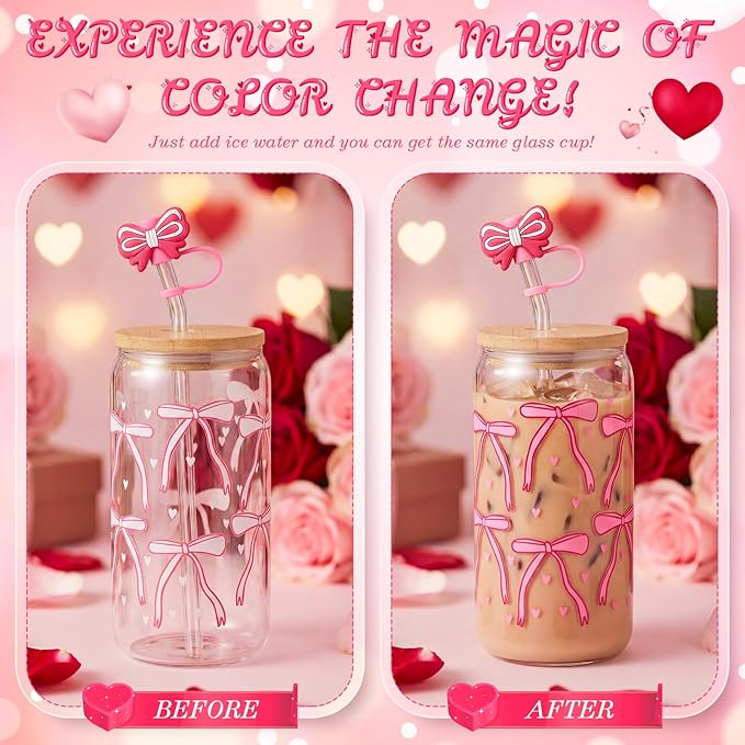 Skylety 4 Pcs Color Changing Glass Cups, 16 oz Cute Coquette Pink Bow Iced Coffee Tumblers with Lids and Straws Reusable Drinking Glasses Jars Cute Gifts for Girls