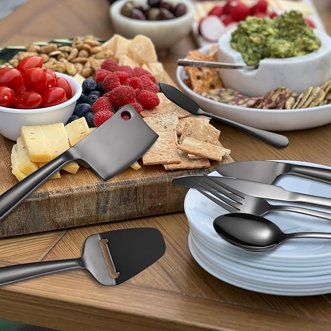 8 Pieces Black Cheese Knives Set with Dinning Knife Fork Spoon Stainless Steel Multifunctional Kitchen Gadget Baking Utensils Cooking Tool