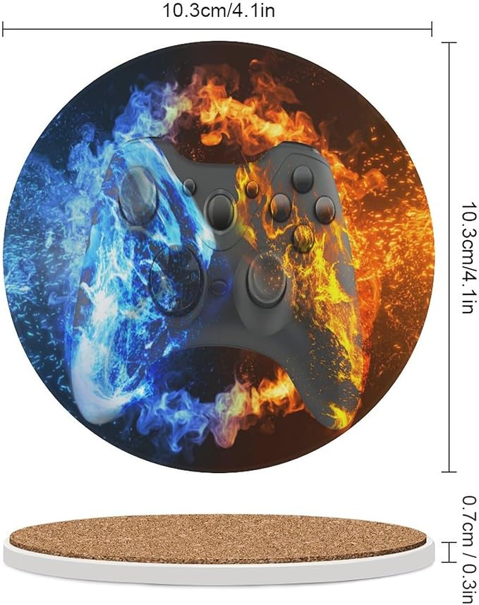Round-6PCS Gamer Drink Coasters, Round Modern Ceramic Absorbent Coasters, Gamepad Cool Flame Game Controller Gaming Gamer Decor Desk Coffee Table Coaster for Beverage Cup Tea Coasters