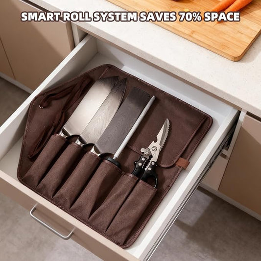 KOFERY Hand Forged Damascus Chef Knife Set with Roll Bag and Sharpener - Ideal for Culinary, Camping and BBQ(Iron-Grey Handle)