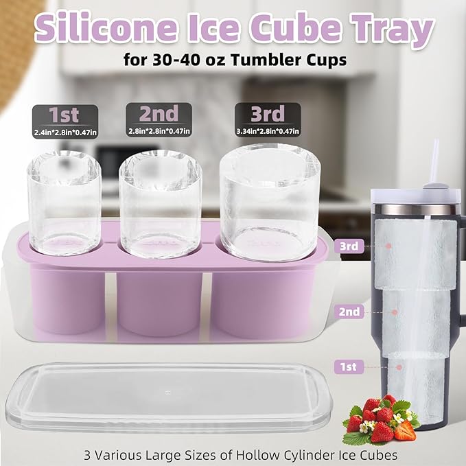 Fu Store Ice Cube Tray for Tumbler Cup 30-40 oz Tumbler 3pcs Silicone Ice Cube Molds With Lid and Bin for Chilling Cocktails Whiskey Drinks Juice Coffee Easy Fill and Release Ice Maker (Purple，40 oz)