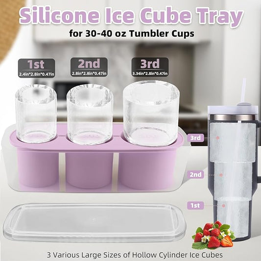 Tcamp Tumbler Ice Mold, Ice Cube Tray for 30 oz -40 oz Tumbler Cup, 3 Pcs Silicone Hollow Cylinder Ice Mold with Lid and Bin for Freezer, Ice Drink, Juice, Whiskey, Cocktail (Purple)