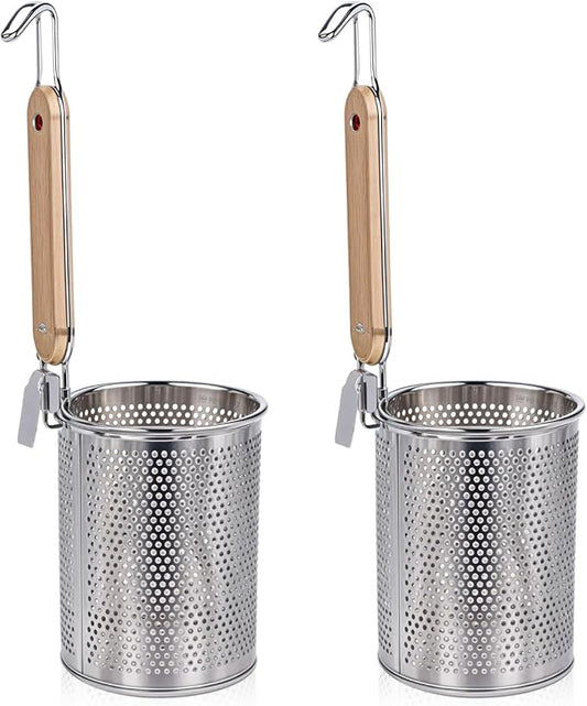 2 Pack Pasta Basket for Boiling Stainless Steel Food Strainer with Wood Handle Spaghetti Spoon Fine Mesh Colander for Pasta Noodle Dumpling (4.5"D x 14.6"H)