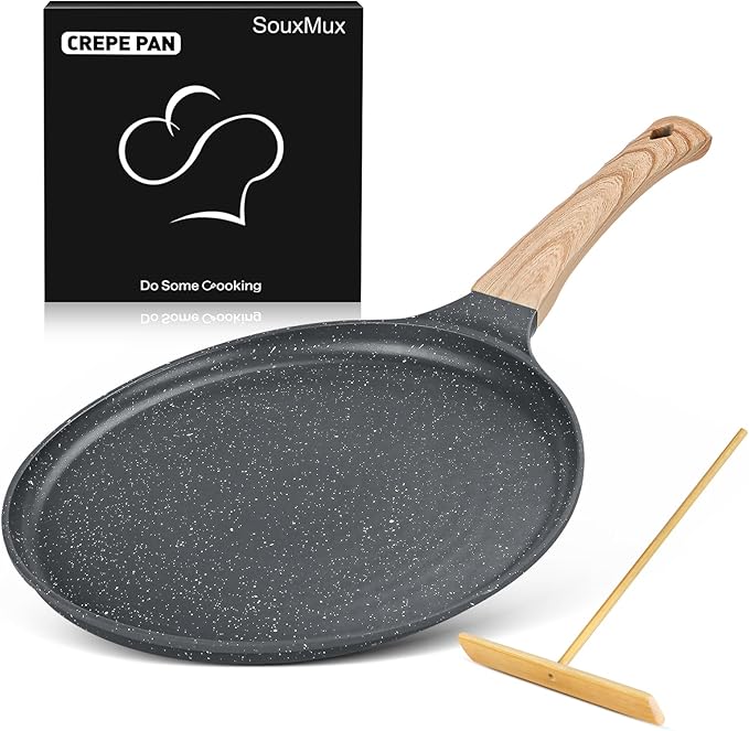 SouxMux Nonstick 11-Inch Crepe Pan with Spreader, Ceramic Coated Dosa Tawa Pan, Induction Compatible Flat Skillet for Pancakes, Omelettes, and More with Cool Handle, PFOA Free