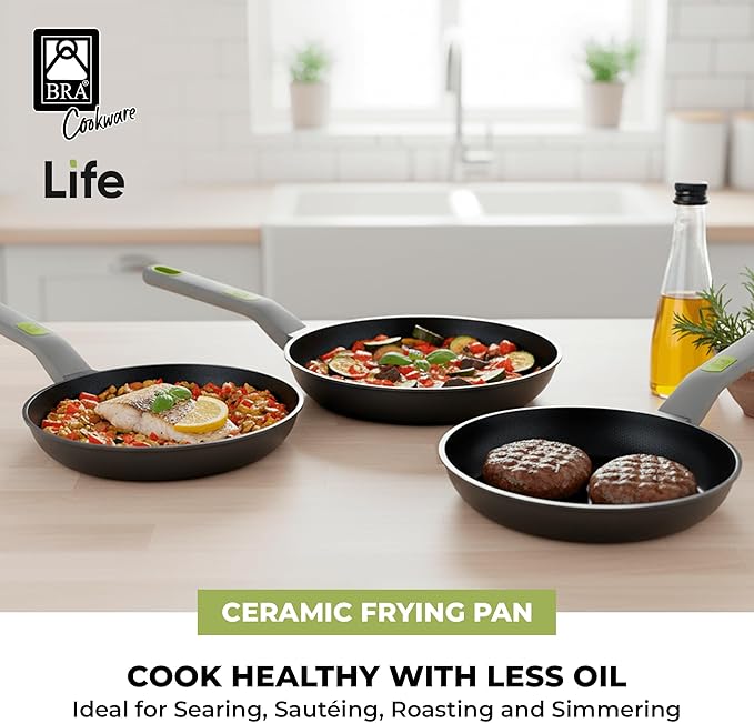 BRA COOKWARE Life 3 Ceramic Nonstick Frying Pan Set | 8+9.5+11 Inch Recycled Cast Aluminum Skillets | Ceramic Non-Stick Fry Pans | PFOA Free Searing Skillets | All Cooktops | Soft-Touch Handle