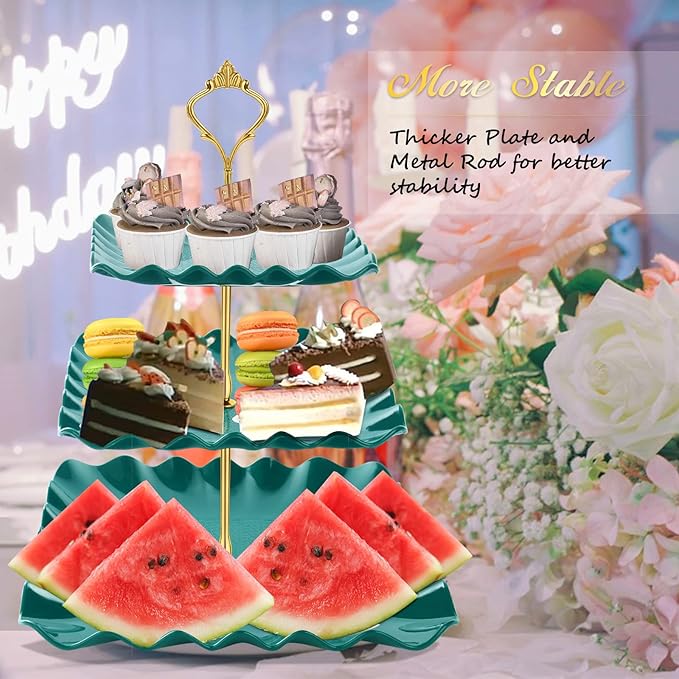 Dessert Cupcake Stand, 3 Tier Cup Cake Holder Tower for Tea Party/Birthday/Wedding, Plastic Tiered Serving Tray with Metal Rod (Green)