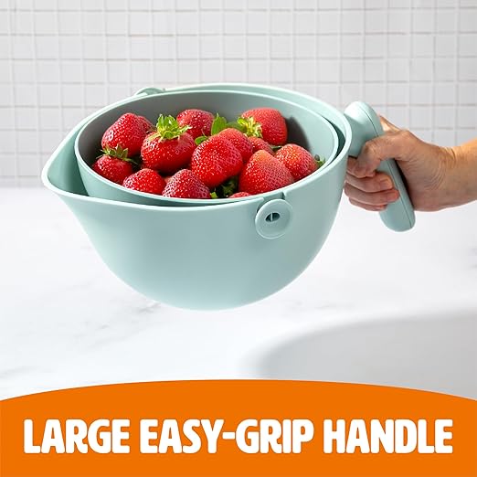 Tasty 2-in-1 Swing Bowl Colander, Built-In Strainer Basket with Handle, Kitchen Hack for Rinsing and Draining for Fruits, Vegetables, and Pasta, 2.1-Quart Bowl + 1.9-Quart Strainer, Aqua