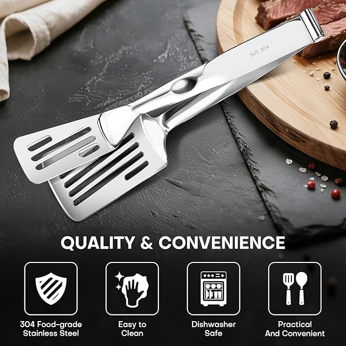 Nezylaf Kitchen Tongs 11.8 Inch 304 Stainless Steel, 2-in-1 Detachable Design | Tongs for Cooking Grilling Frying | Multi-Function Spatula Tongs with Oil Drain Holes