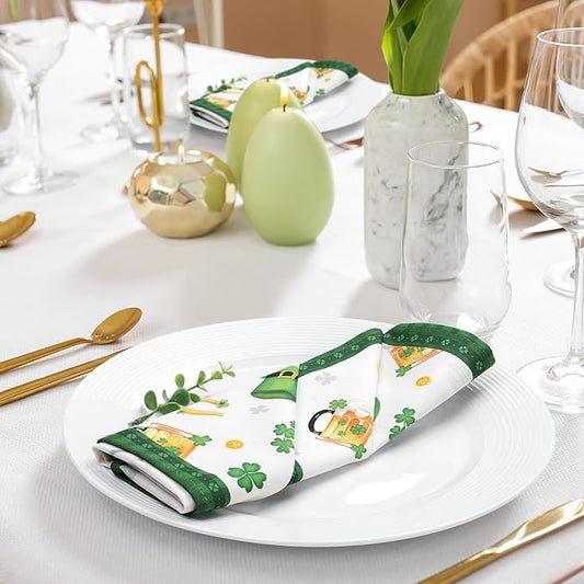 St. Patrick's Day Shamrock Napkins, 18×18 Inch Green Dinner Cloth Napkins Set of 6, Washable Cotton Soft Absorbent Square Napkins for Dining Kitchen Party Wedding Decoration