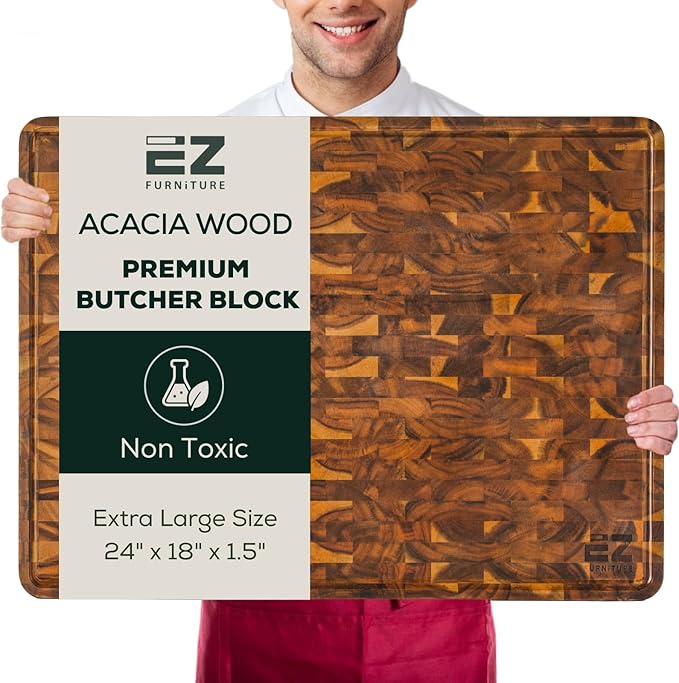 EZ FURNITURE Extra Large (XL) Acacia Wood Premium Cutting & Serving Board, End Grain with Juice Groove & Handles, Knife Friendly for Chopping, Non-Toxic (24" x 18" x 1.5", 11.46 lbs)