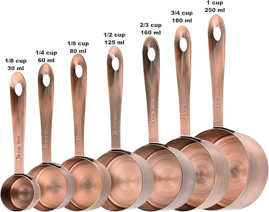 Copper Measuring Cups and Spoons Set of 18, 7 Measuring Cups, 9 Measuring Spoons, Stainless Steel Measuring Spoons and Cups for Dry & Wet Ingredients During Kitchen & Baking