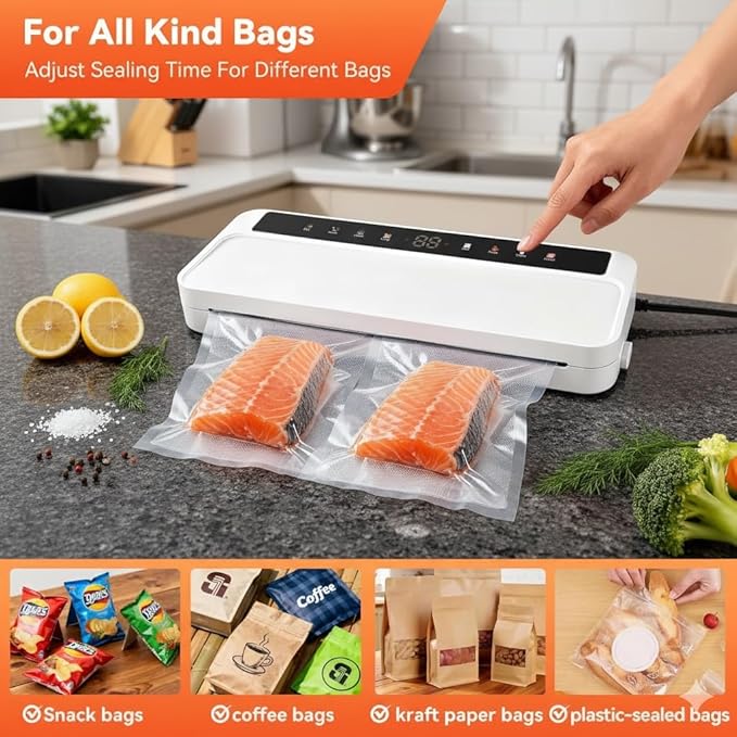 Food Vacuum Sealer Machine for Food, 8-in-1 Dry/Wet/Oil Modes Food Sealer Fit All Kind Bags with Water Tank & Digital Timer, Food Sealing Machine with Cutter & Starter Kit & 20 Vacuum Bags