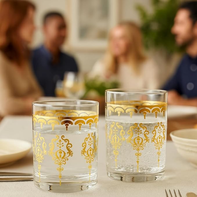 Khen Clear Moroccan Tumbler Glassware | Set of 2 | Gold Ornate Vintage Decorative Drinking Cups, Retro Bohemian Pattern Barware for Water, Whiskey, Cocktail, Iced Tea, Durable Embossed Home Drinkware