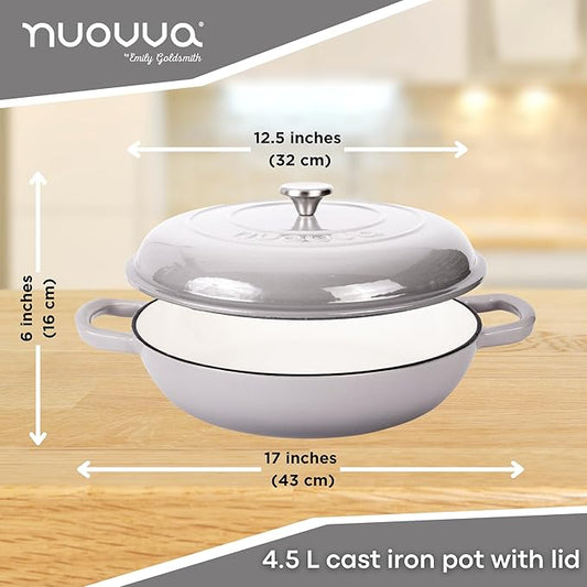 Cast Iron Dutch Oven with Lid – Non Stick Shallow Dutch Oven Pot, Oven Safe up to 500° F – Sturdy Cooking Pot – Enamelled Stockpot Cookware – Gray, 3.7-Quart, 30cm – by Nuovva