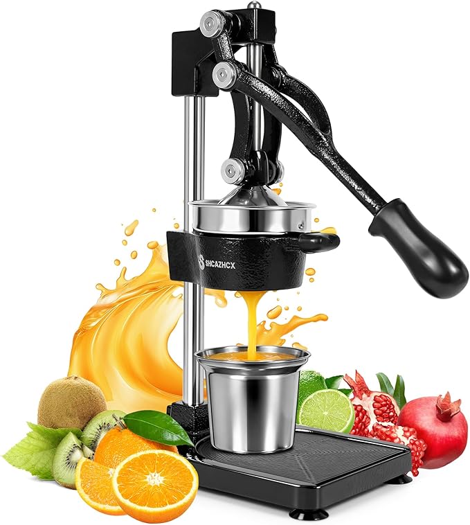 Cast-Iron Hand Press Citrus Juicer, Heavy-Duty Fruit Squeezer with Stainless Steel Cup, Easy-to-Clean Manual Citrus Press for Orange, Lemon, Lime, Grapefruit & Pomegranate (Black)