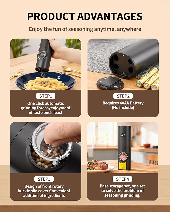Automatic Salt and Pepper Shakers, Electric Grinder Set with 5 Adjustable Coarseness & LED, Spice Mill One-Hand Operation, Battery Powered, Ideal Gourmet Kitchen Gifts 1 Pack