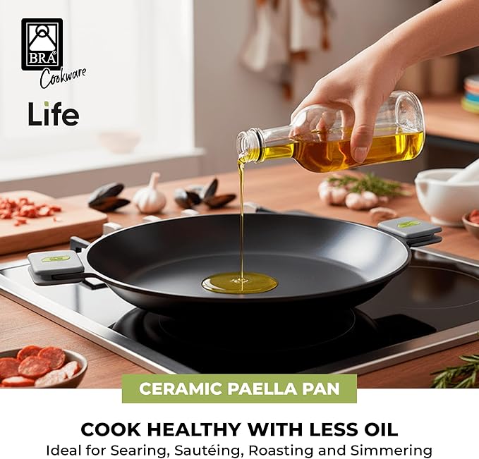 BRA COOKWARE Life Ceramic Nonstick Paella Pan | 14 Inch Recycled Aluminum Spanish Paellera | Ceramic Nonstick Wide Skillet | Oven Safe 425°F | PFOA Free Spanish Paella Skillet | All Cooktops