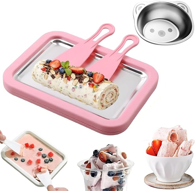 Rolled Ice Cream Maker Kit, Instant Freezy Ice Cream Roller Tray with 2 Scrapers and a Cute Bowl, DIY at Home Suitable For Families and Parties (pink)