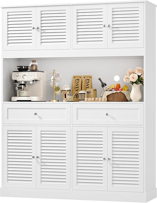 HIFIT 71" Hx55''W Large Kitchen Hutch Storage Cabinet, Farmhouse Coffee Bar Hutch with Microwave Stand, Tall Kitchen Pantry Cabinet with Louvered Doors, 2 Cable Holes, 2 Drawers, White