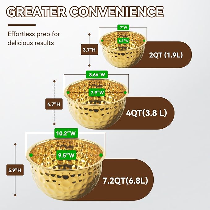 Gold Mixing Bowls Hammered Mixing Bowl Set, Stainless Steel Golden Finish Decorative Serving Bowls for Kitchen, 3 Piece Salad Bowl for Prepping Cooking Baking Serving Gold Serving Bowls for Home Decor